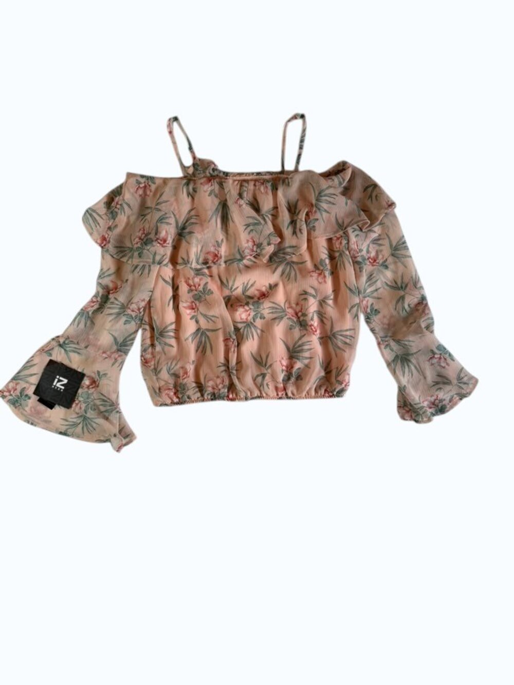 IZ Byer Floral Off Shoulder Crop Top Women's Size S NWT Bell Sleeve Boho.